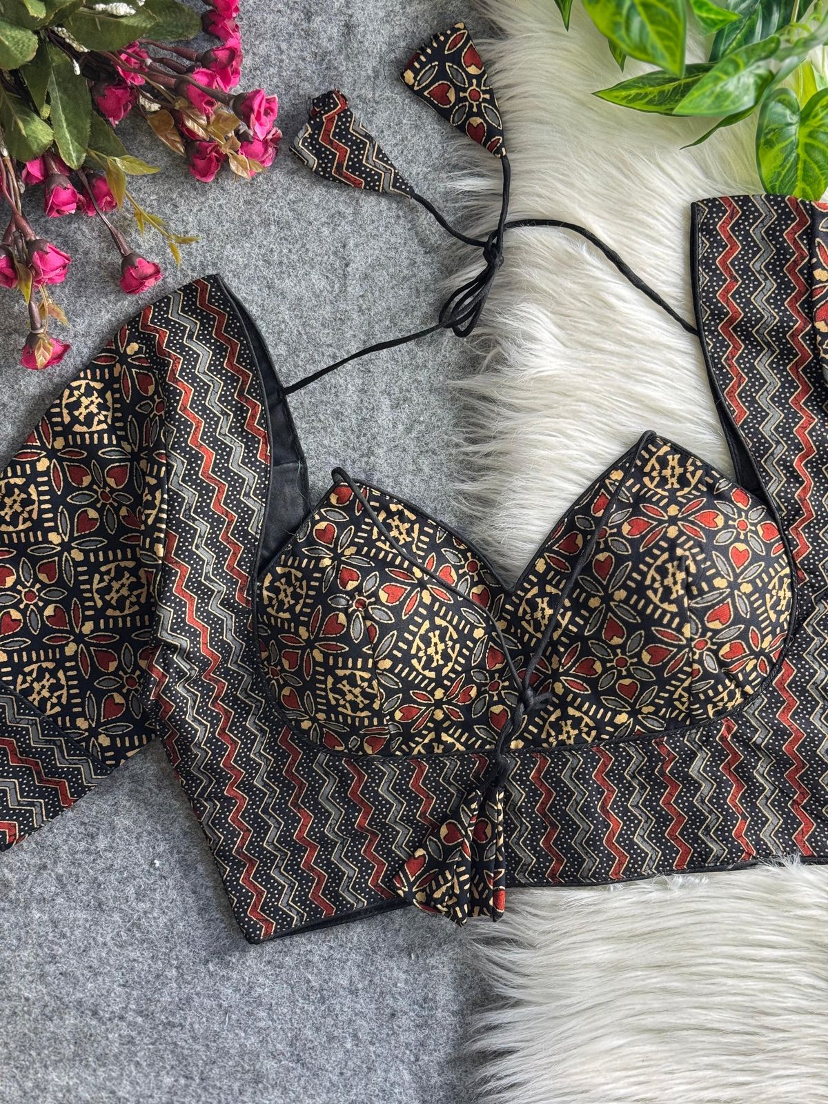 Pure ajrakh print cotton halter neck - premium ready made blouse