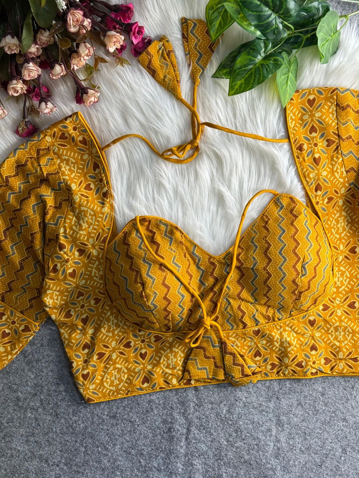 Pure ajrakh print cotton halter neck - premium ready made blouse