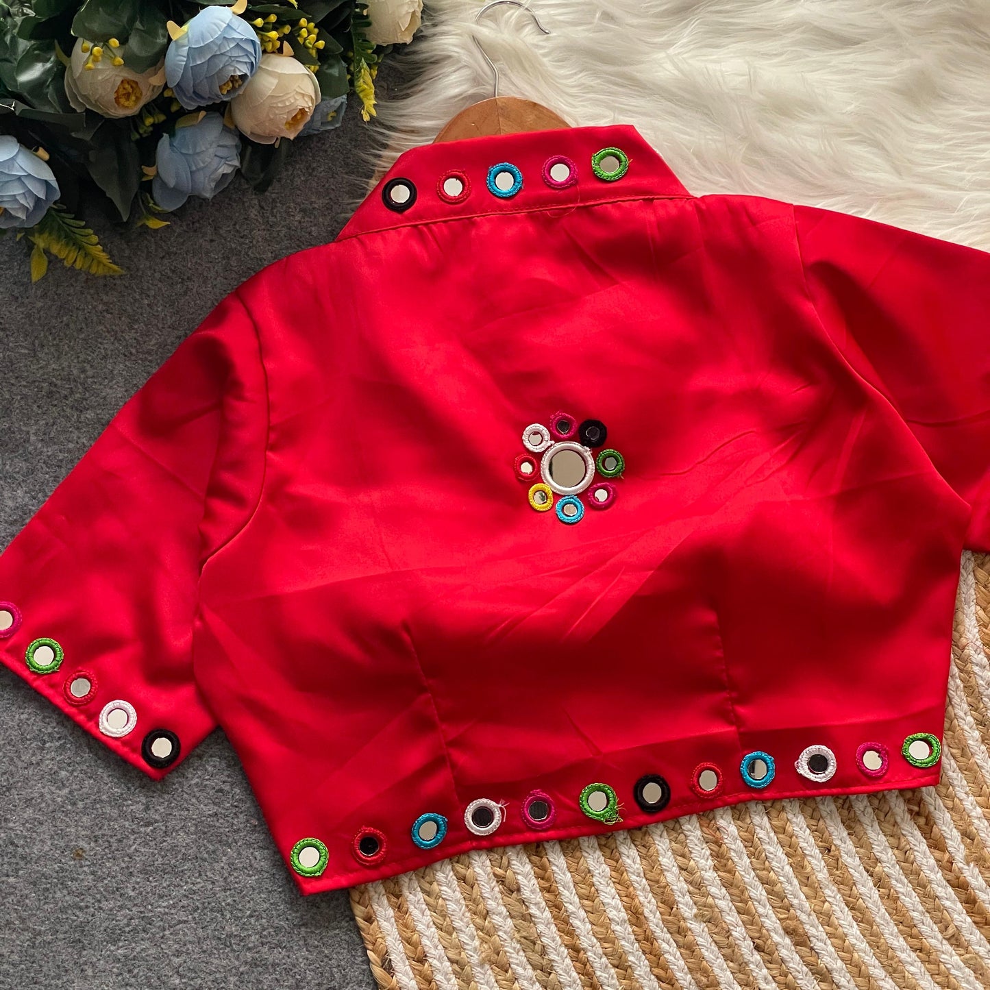 Satin silk mirror work and collar ready made blouses