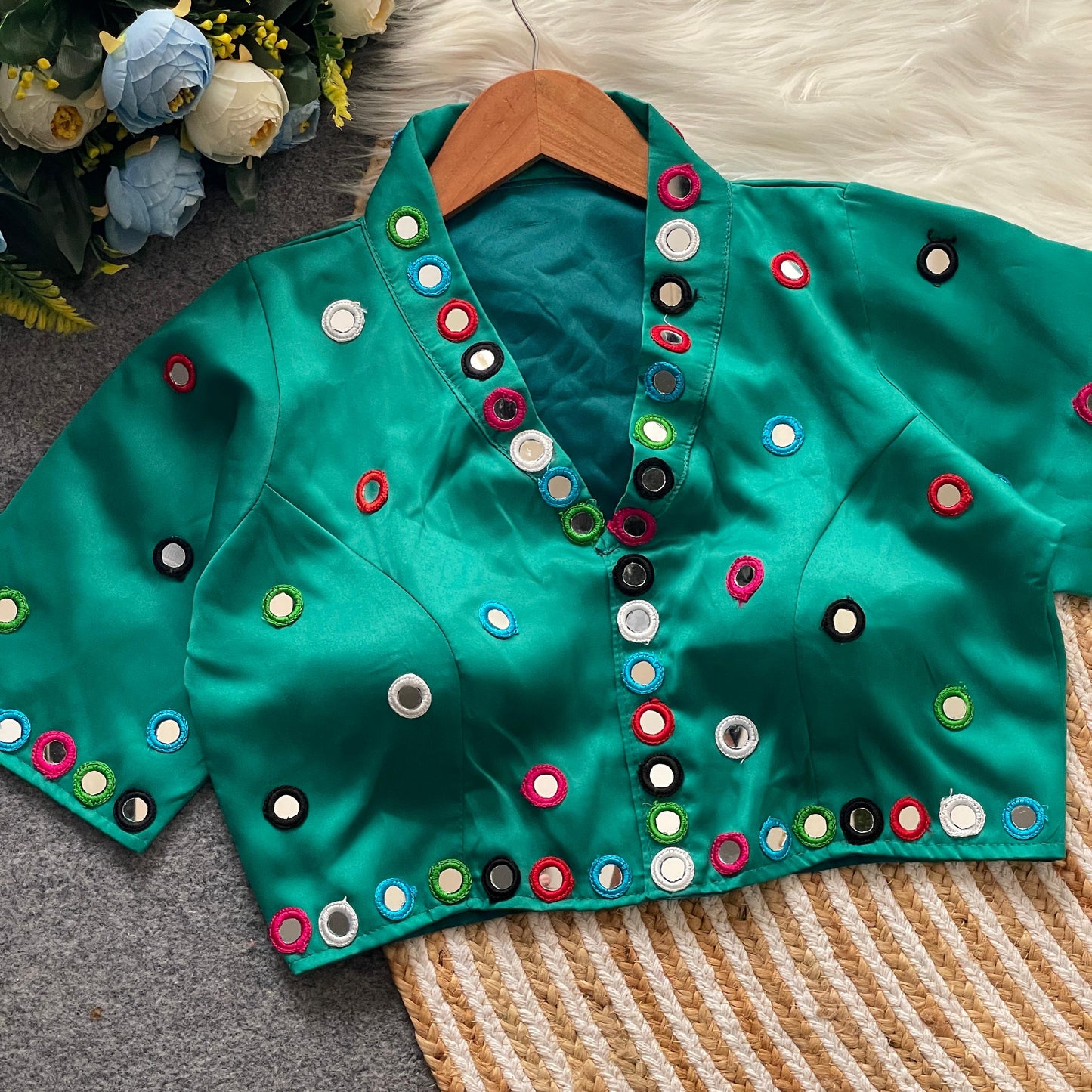 Satin silk mirror work and collar ready made blouses