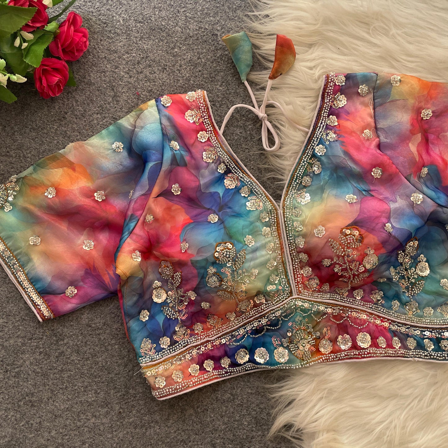 BEAUTIFUL BEADS WORK PARTYWEAR  FRANDY SILK  DIGITAL PRINT READY MADE BLOUSE