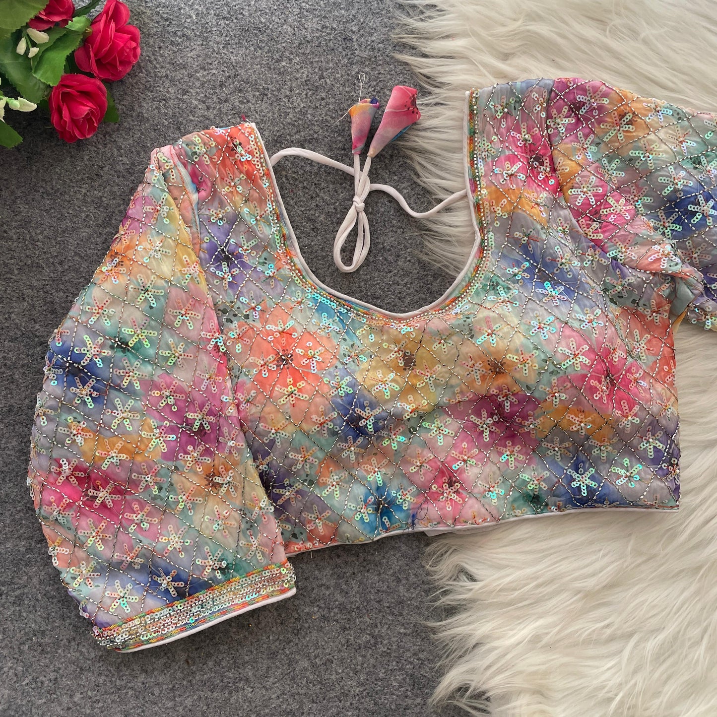 BEAUTIFUL BEADS WORK PARTYWEAR  FRANDY SILK  DIGITAL PRINT READY MADE BLOUSE