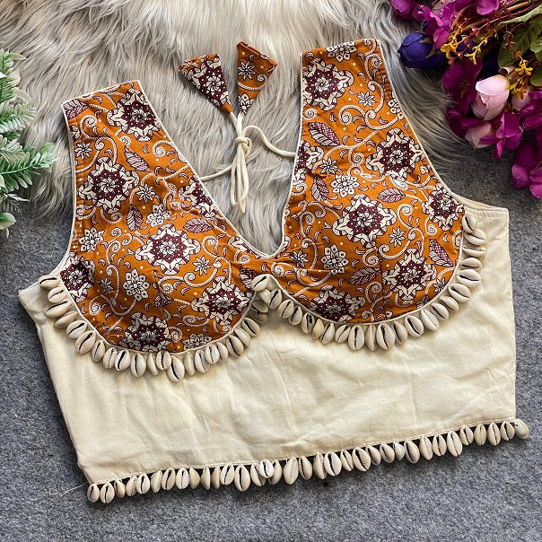Ajrakh Printed Cotton With Real Shells - Premium Readymade Blouse