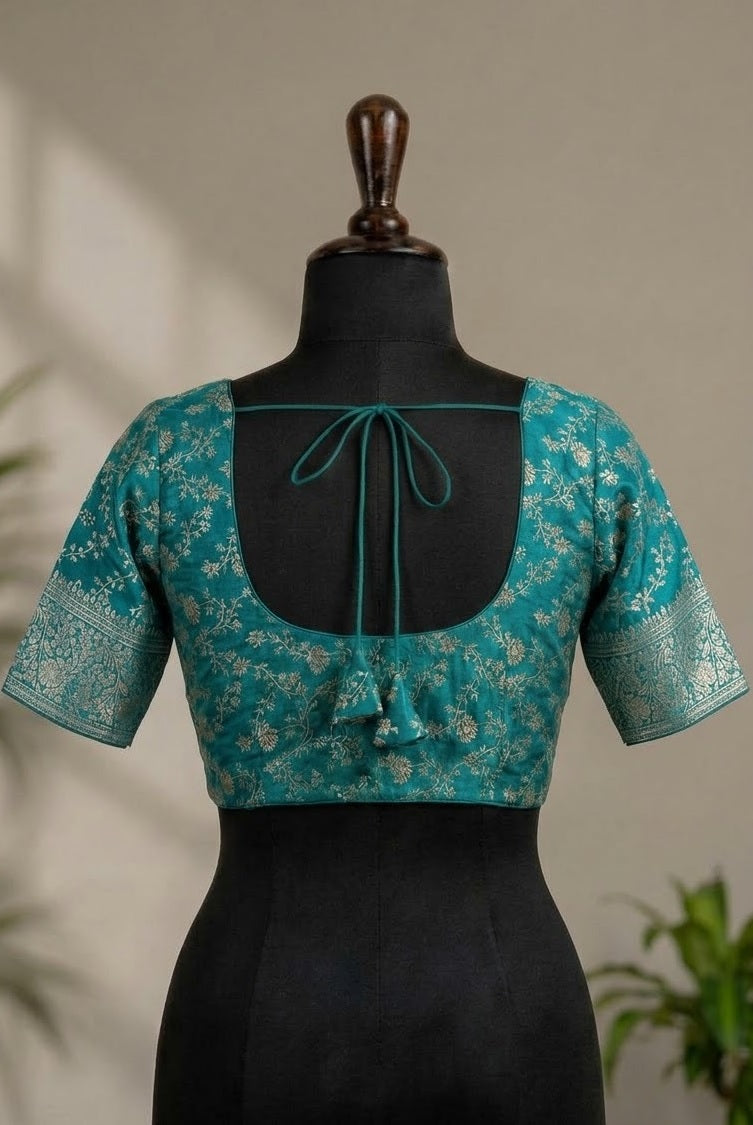 Teal Green Zari Embroidered Deep-Back ready made blouse