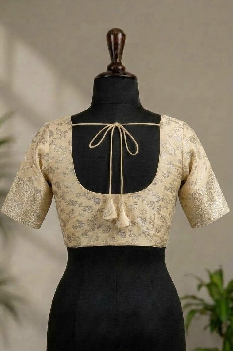 Beige Gold Zari Embroidered Deep-Back ready made blouse
