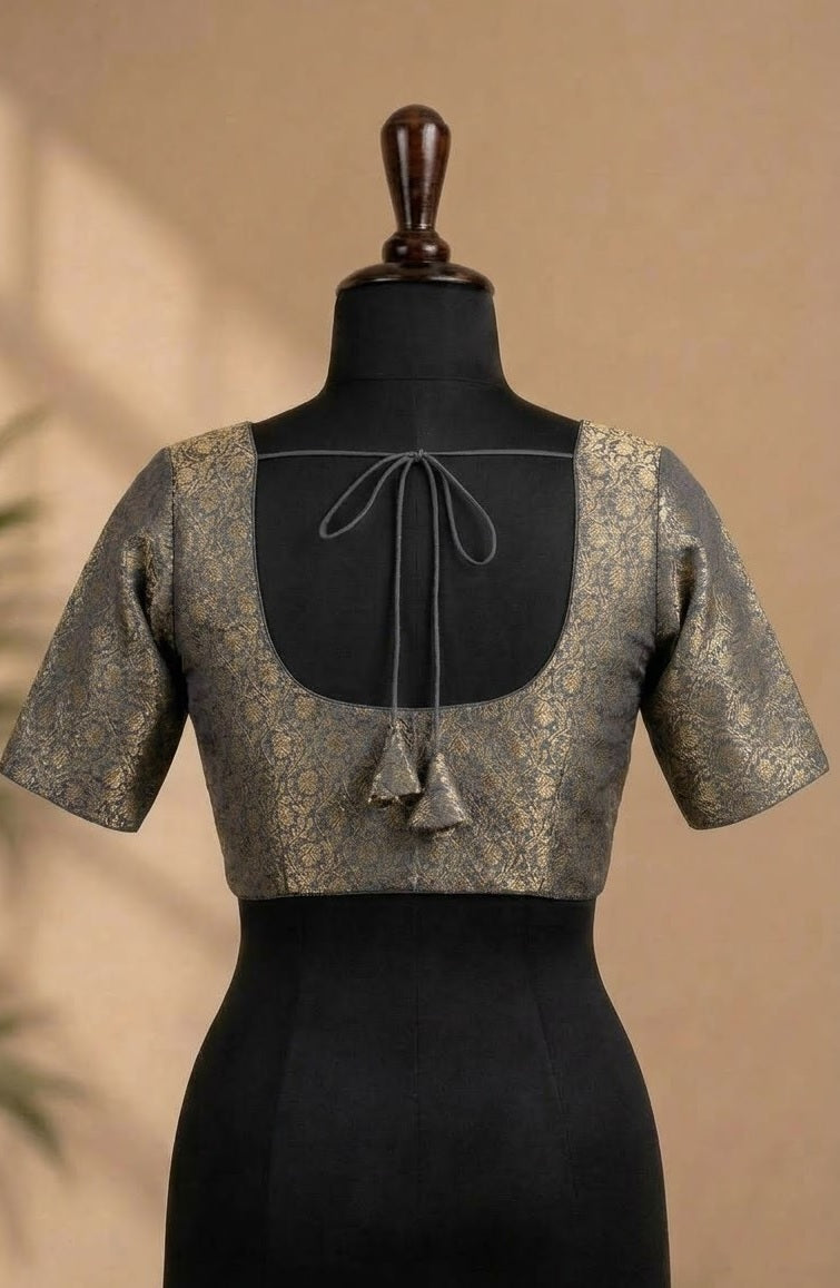 Charcoal Grey & Antique Gold Brocade Designer ready made blouse