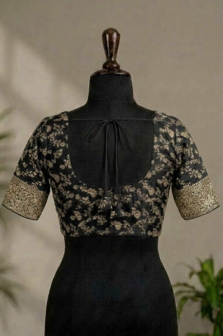Black Zari Embroidered Deep-Back ready made blouse