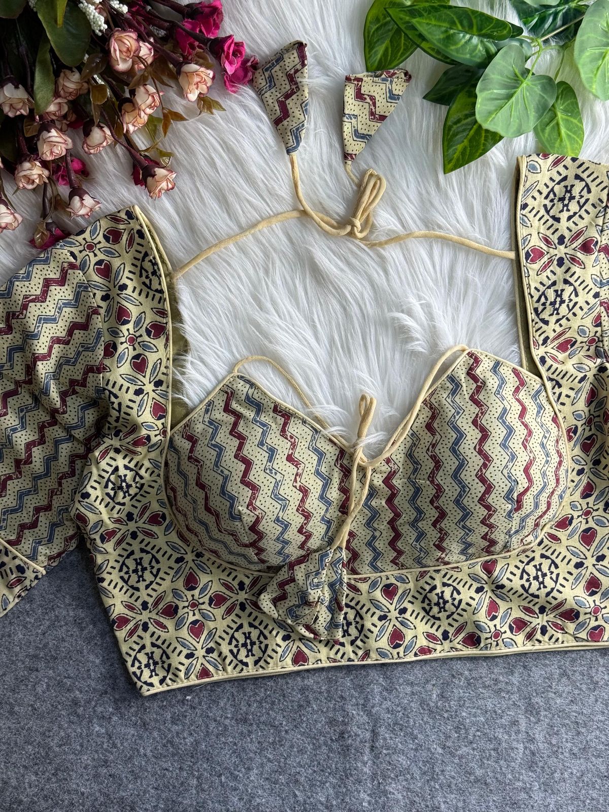 Pure ajrakh print cotton halter neck - premium ready made blouse