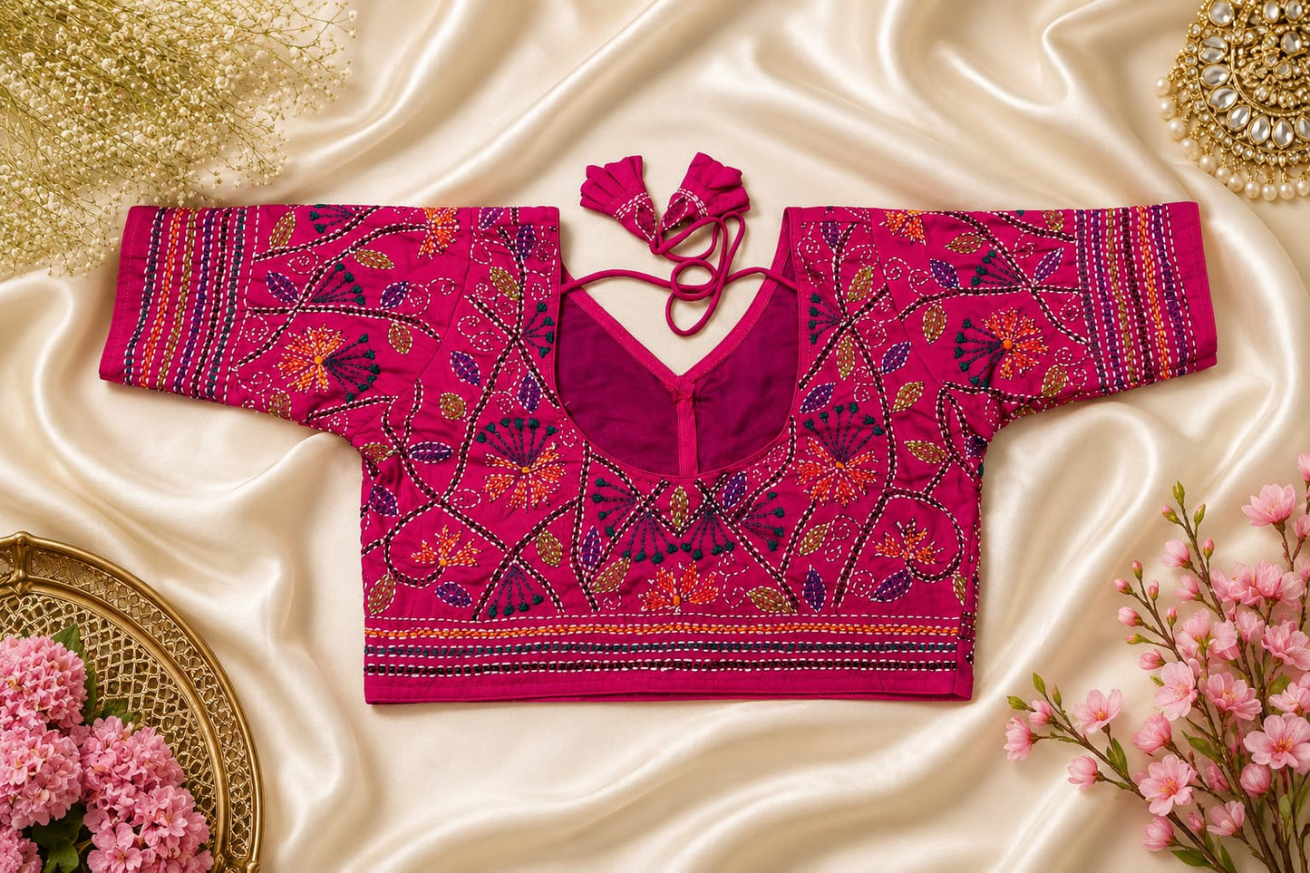 Katha handwork round/ Boatneck ready made blouse