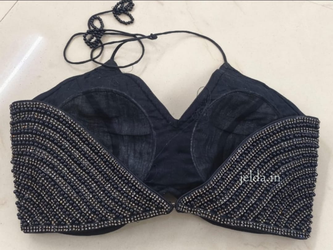 Exclusive stone work and pearl net work v neck - custom made blouses