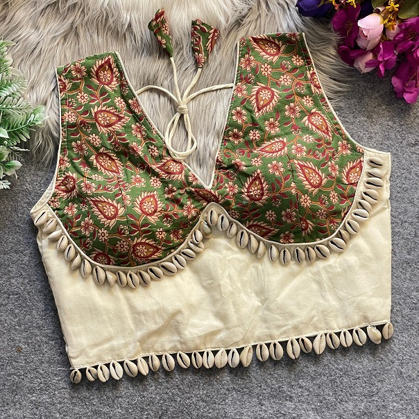 Ajrakh Printed Cotton With Real Shells - Premium Readymade Blouse
