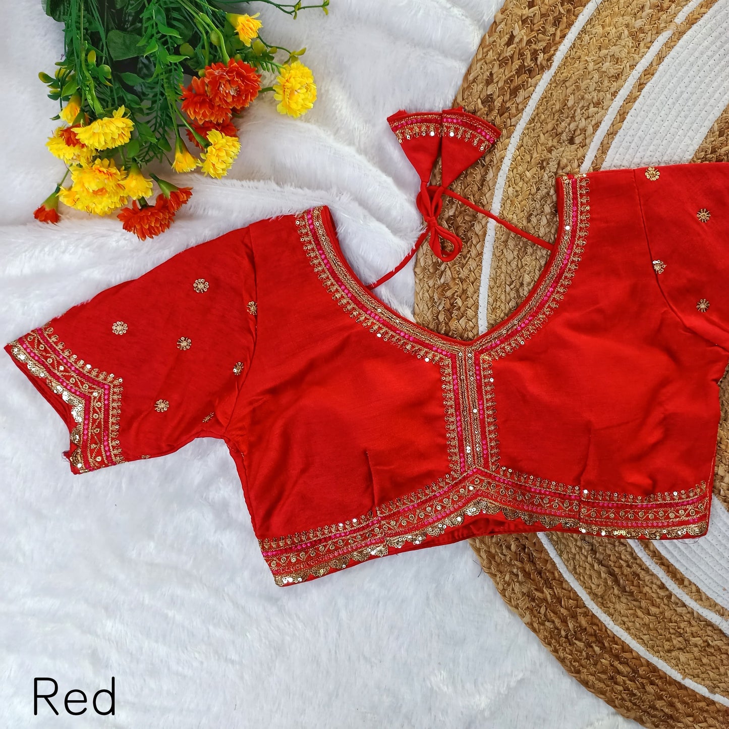 EXCLUSIVE MULTY COLOUR THREADS, JARI, SEQUINS APPLE CUT WORK EMBROIDERY READY MADE BLOUSES