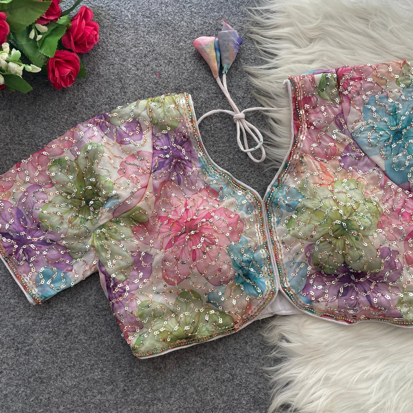 BEAUTIFUL BEADS WORK PARTYWEAR  FRANDY SILK  DIGITAL PRINT READY MADE BLOUSE
