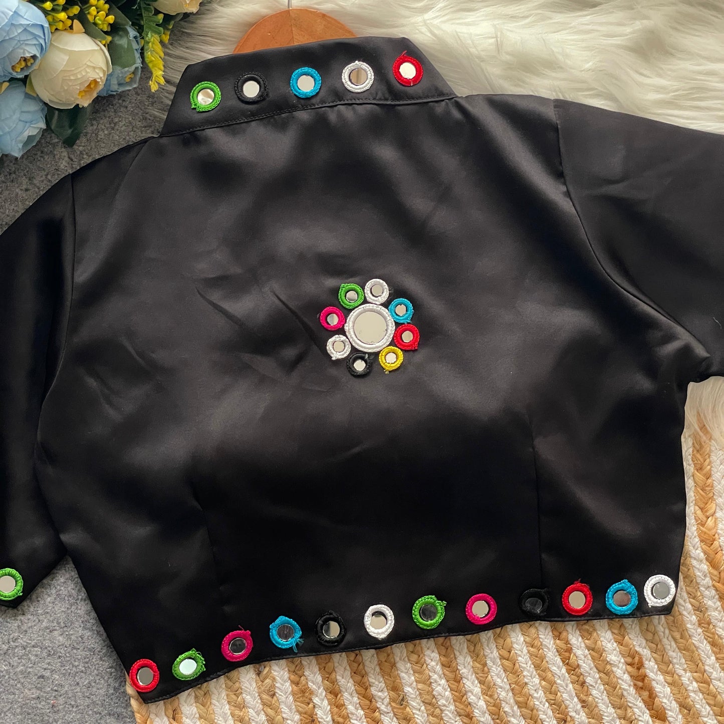 Satin silk mirror work and collar ready made blouses