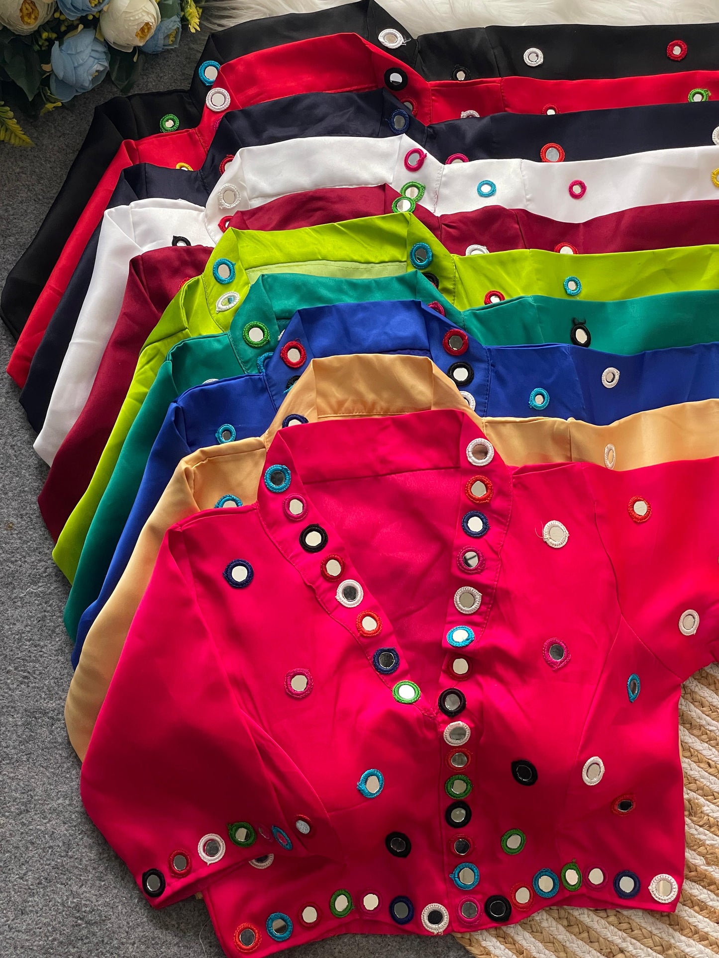 Satin silk mirror work and collar ready made blouses