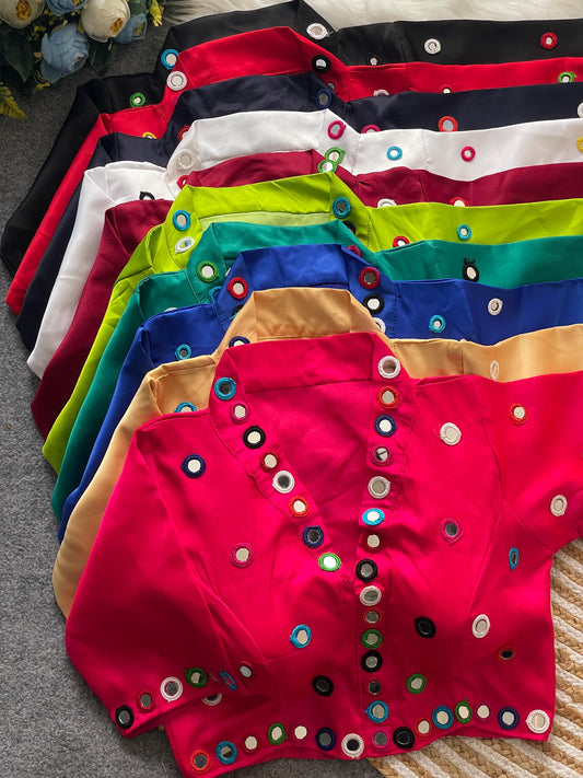 Satin silk mirror work and collar ready made blouses