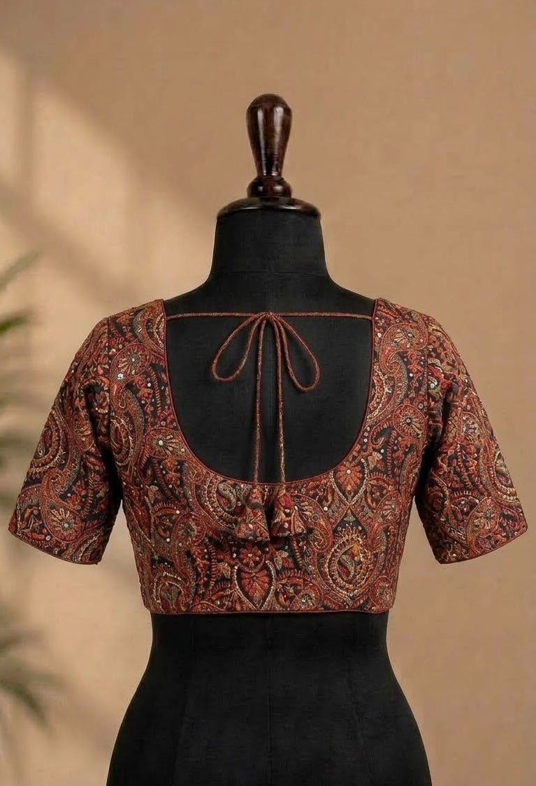 Rich Rust-Black Kashmiri Jamawar Deep-Back ready made blouse