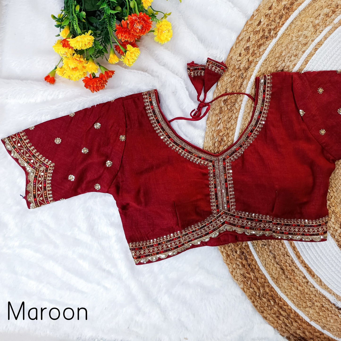 EXCLUSIVE MULTY COLOUR THREADS, JARI, SEQUINS APPLE CUT WORK EMBROIDERY READY MADE BLOUSES