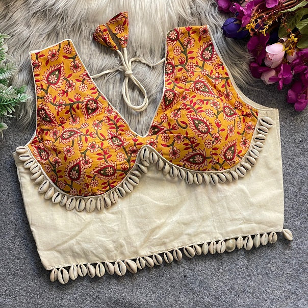 Ajrakh Printed Cotton With Real Shells - Premium Readymade Blouse