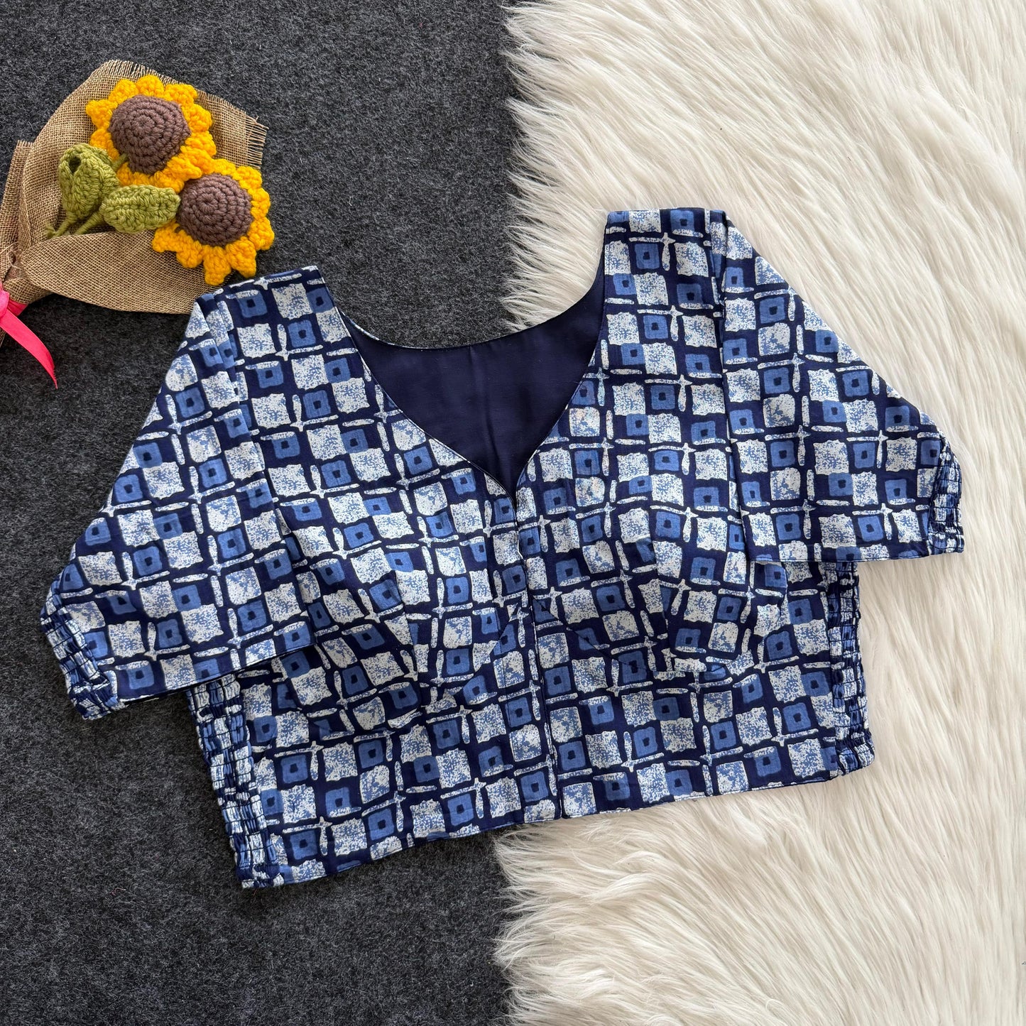 Beautiful hand block print with side elastic ready made blouse