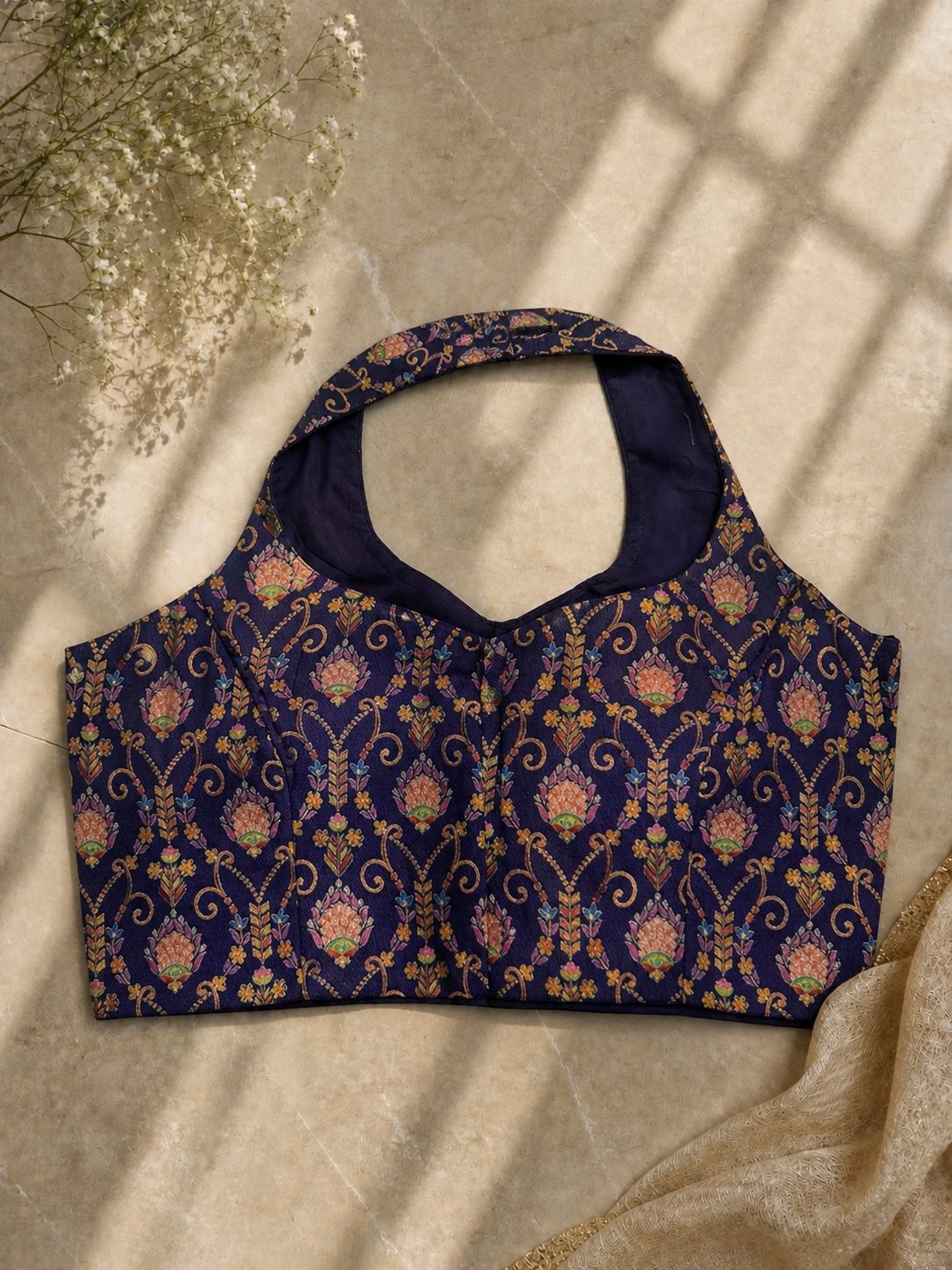 A beautiful 12 thread weaving of colours all over pure banarasi silk ready made blouse