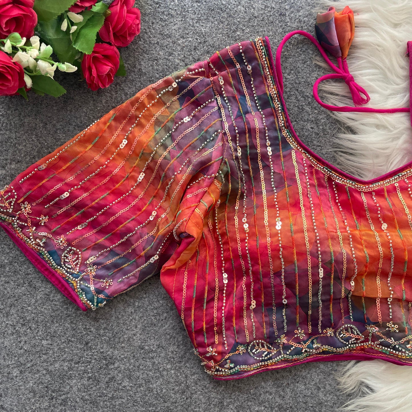 BEAUTIFUL BEADS WORK PARTYWEAR  FRANDY SILK  DIGITAL PRINT READY MADE BLOUSE
