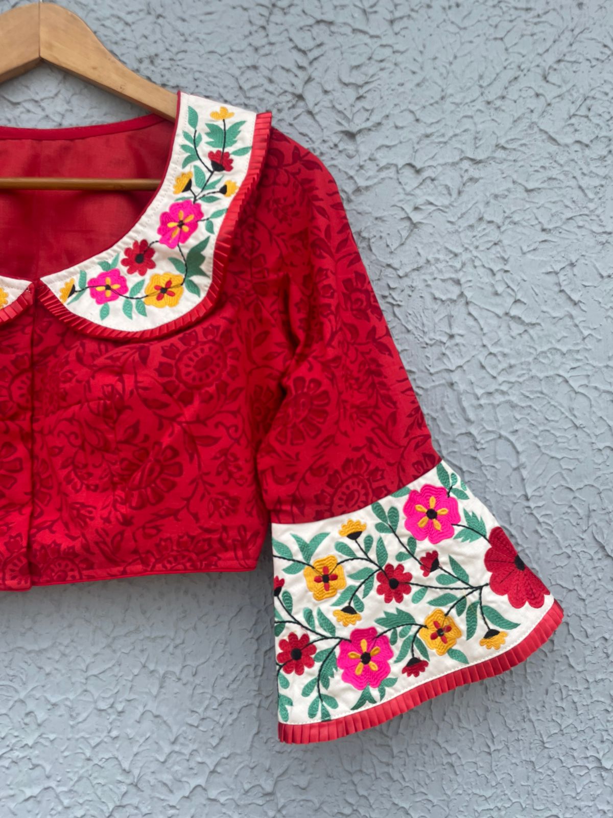 Embroidered collar and bell sleeve designer blouses
