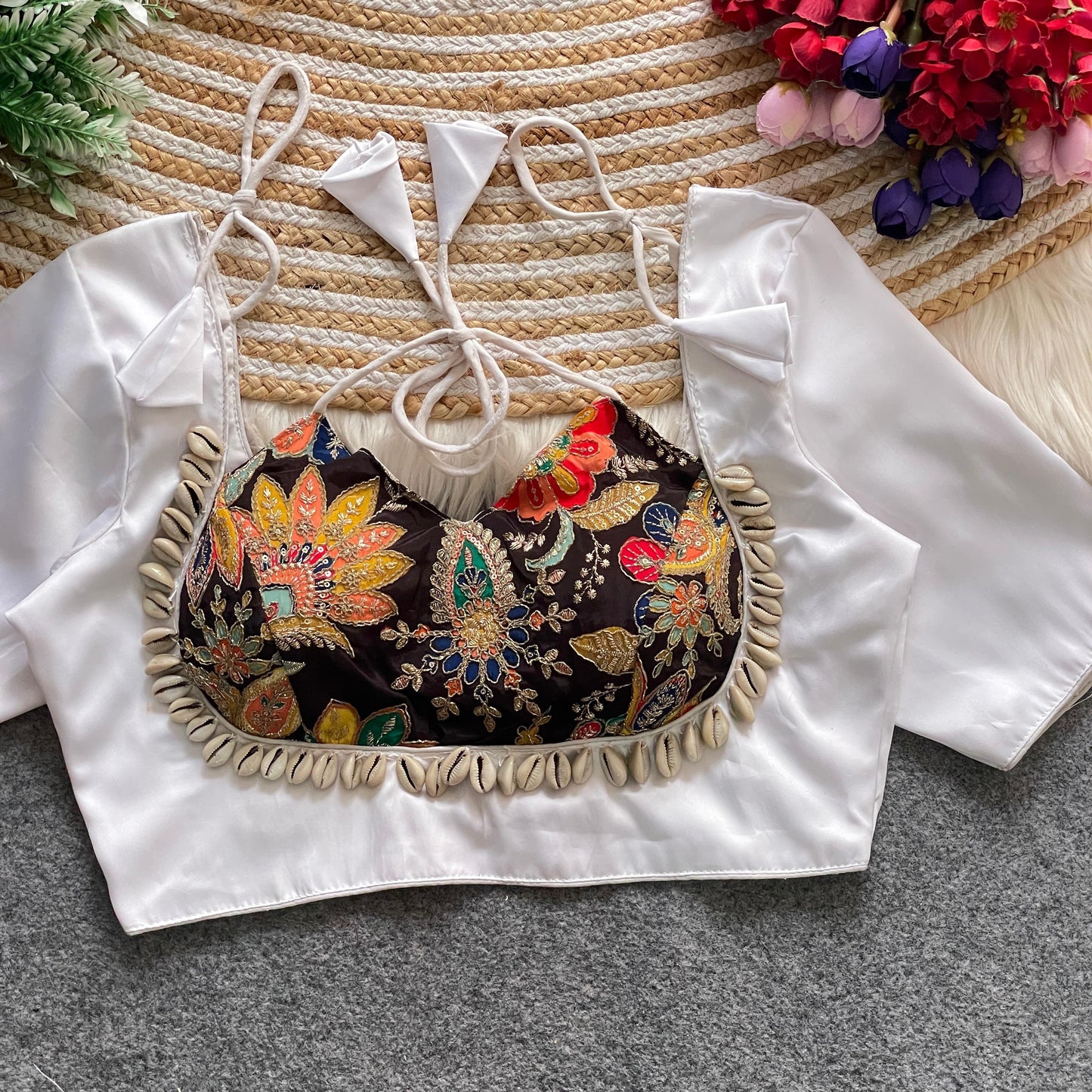 Heavy position print Embroidered work with HandWork of  Real shells  ready made blouses