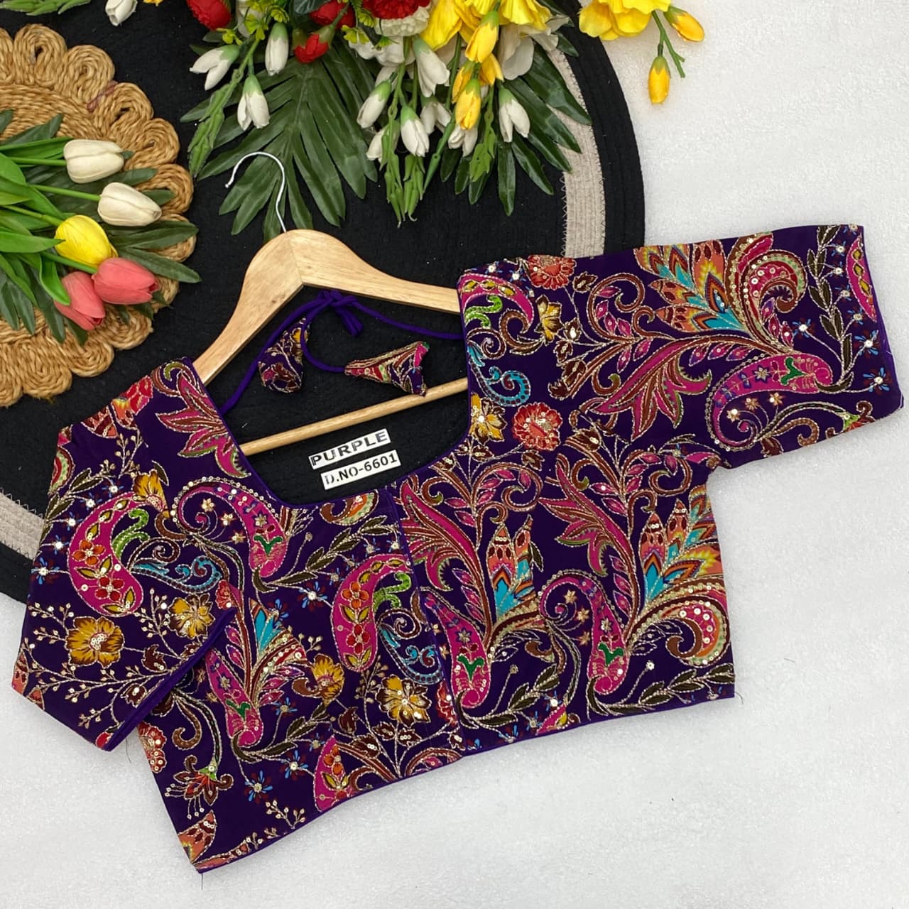 Viscose crep pojisan print embroidery ready made blouse