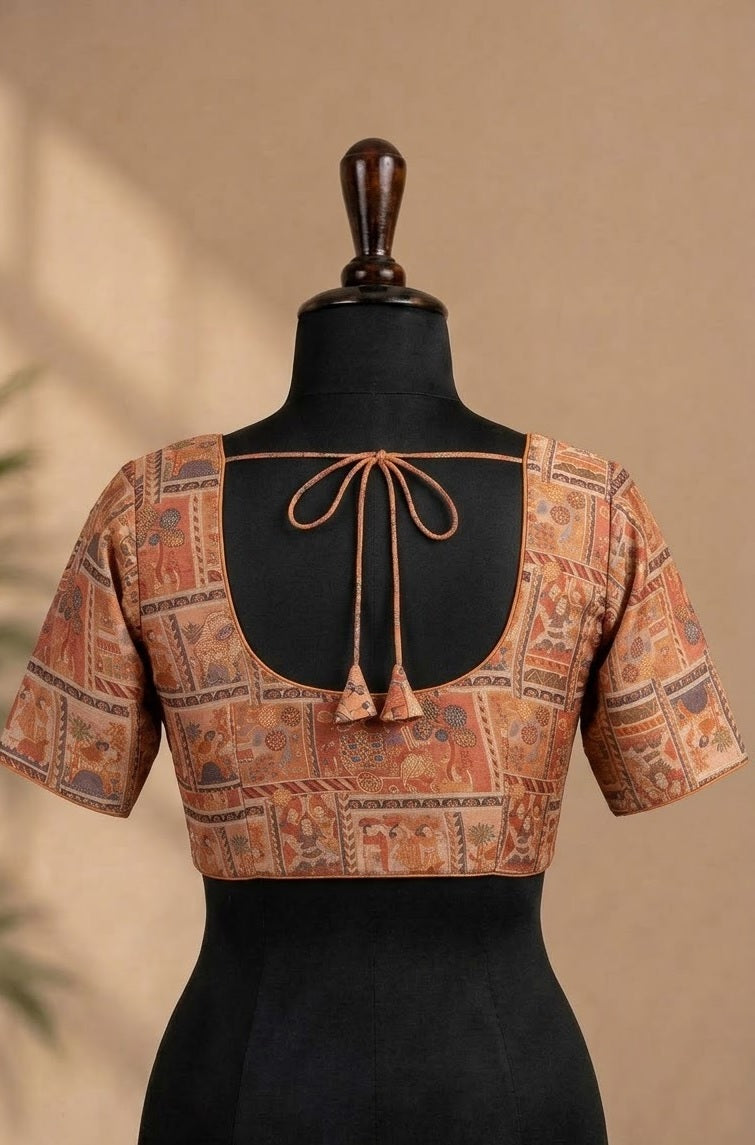 Peach-Coral Pichwai Art Designer ready made blouse
