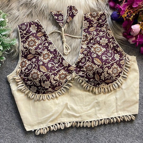 Ajrakh Printed Cotton With Real Shells - Premium Readymade Blouse