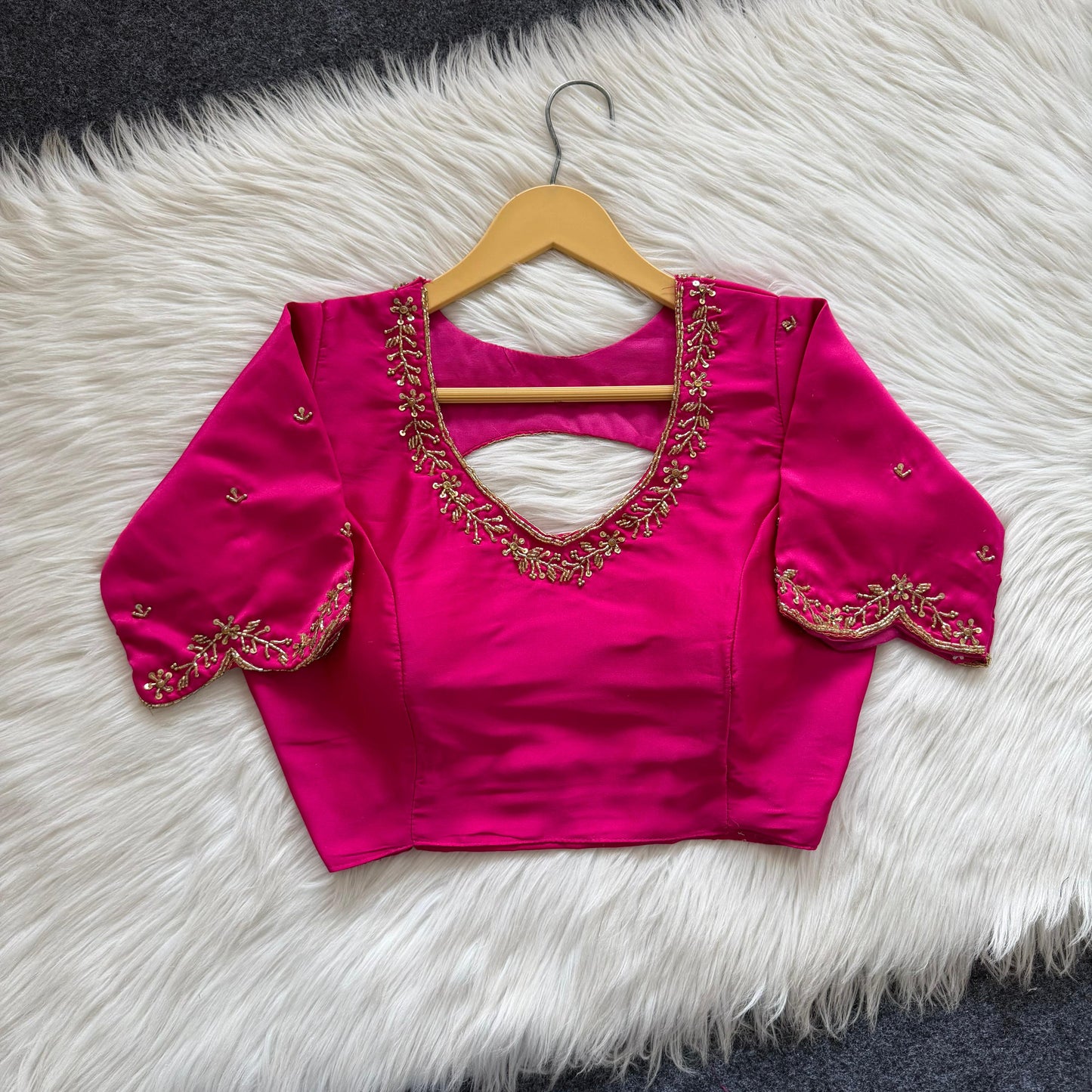 Beautiful handcrafted work in sleeves and back all over ready made blouse
