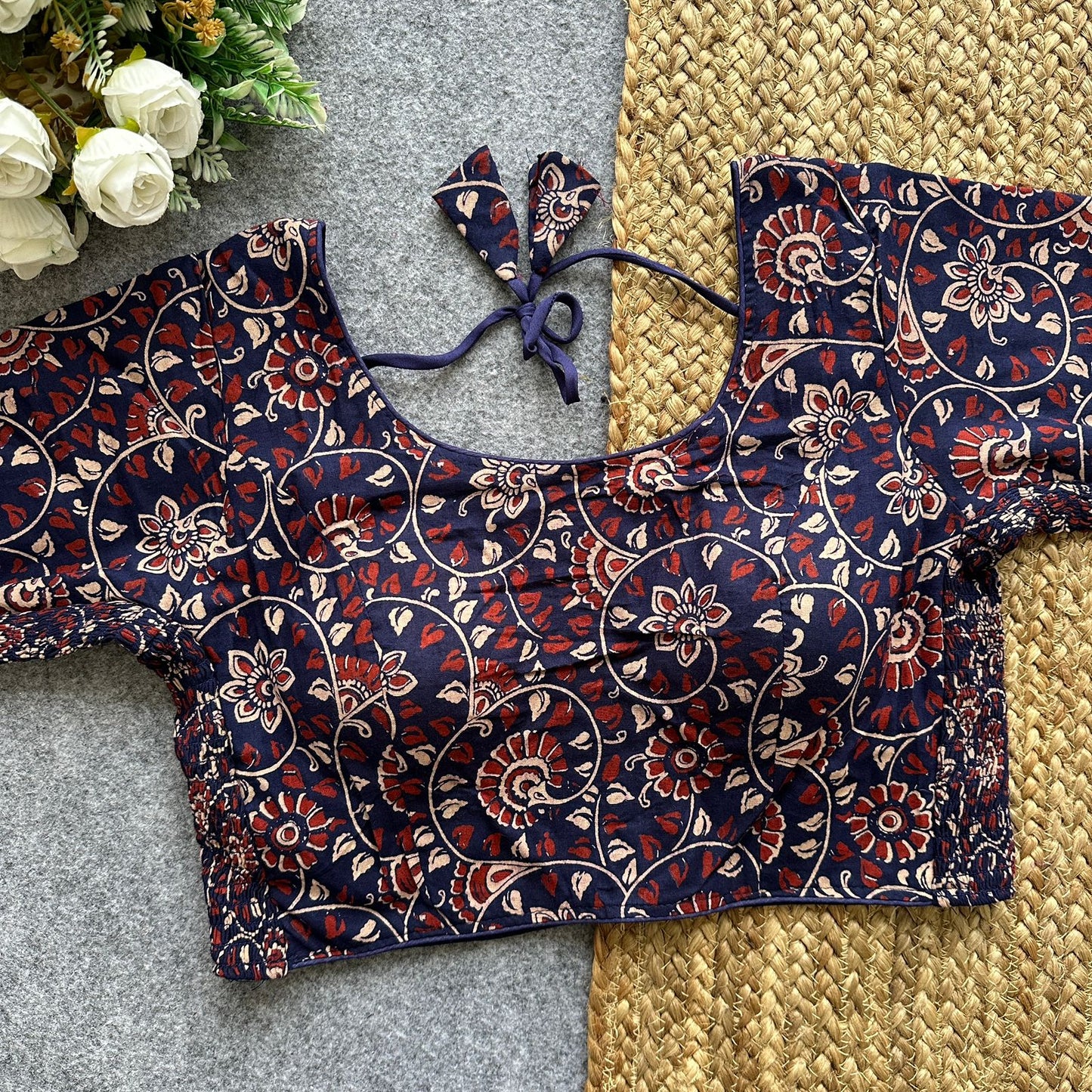 Beautiful hand block print with side elastic ready made blouse