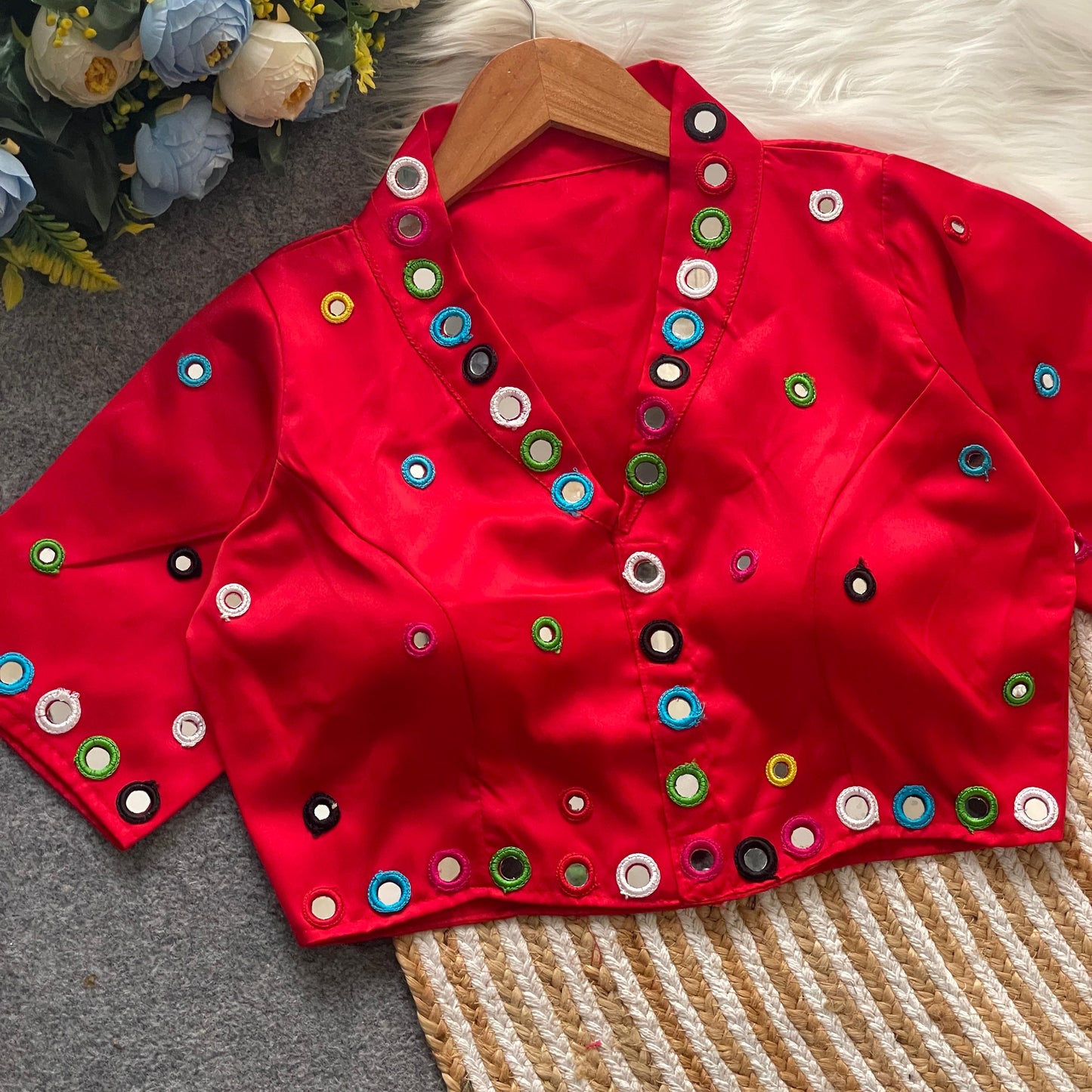 Satin silk mirror work and collar ready made blouses