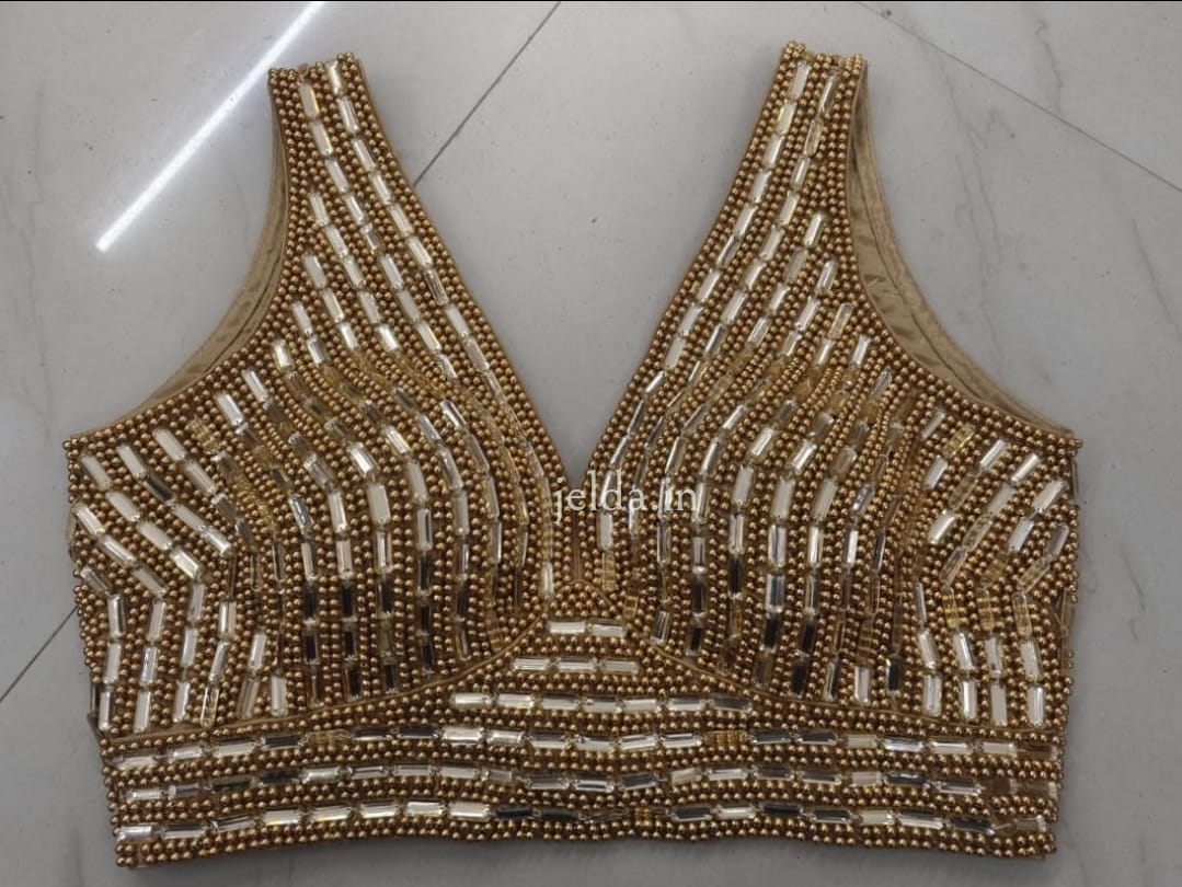 Exclusive golden beads and mirror work - custom made blouses