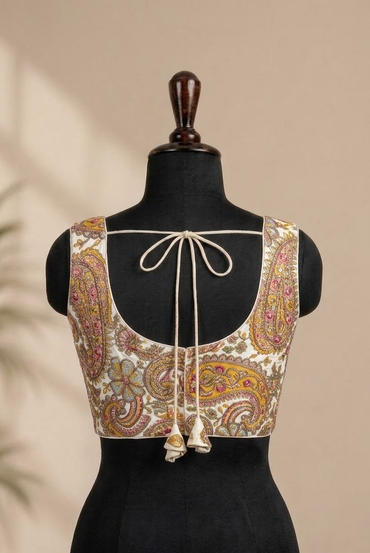 Ivory Paisley Hand-Embroidered Sleeveless ready made blouse