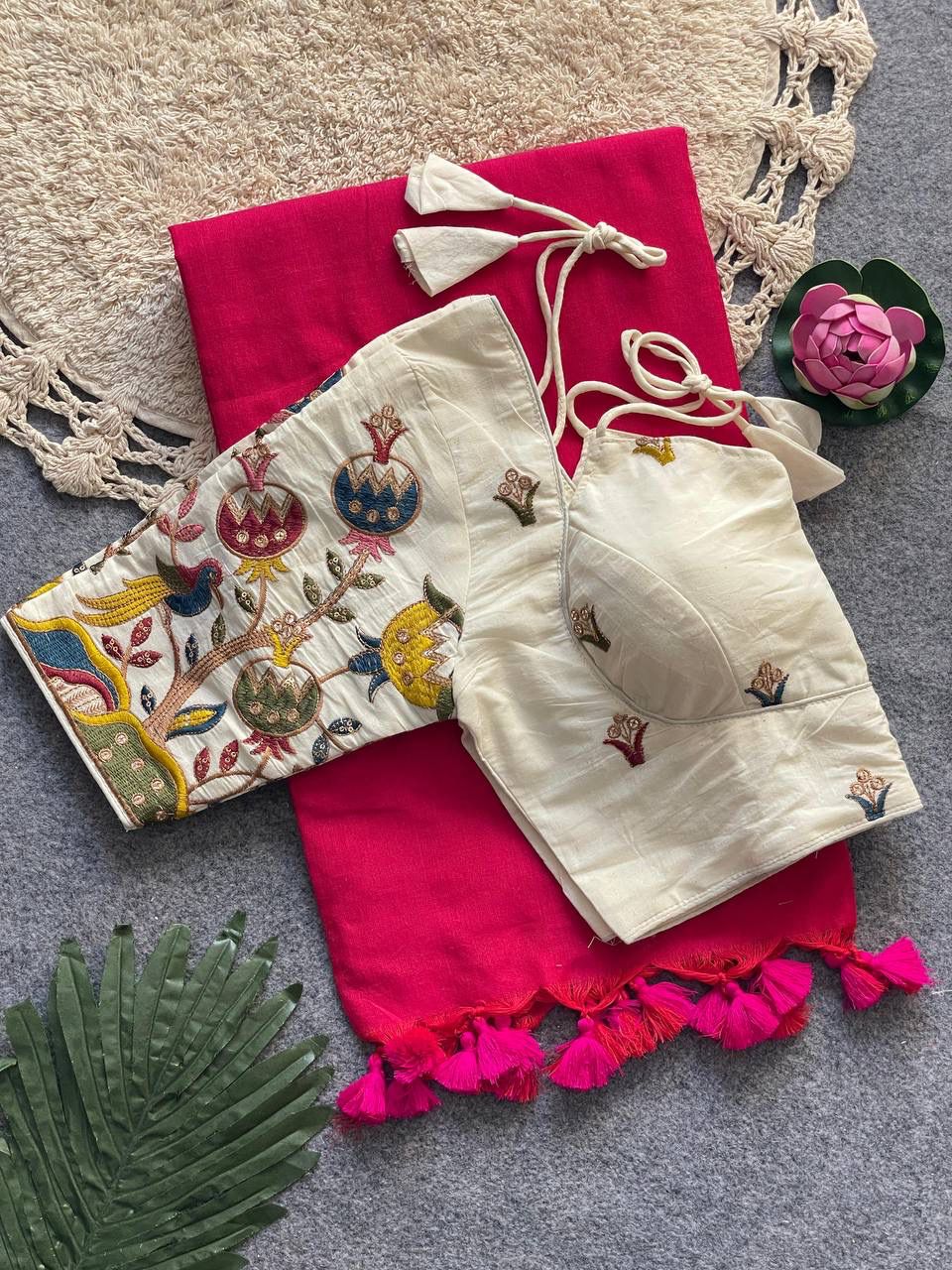 Cotton saree with heavy embroidery work ready made blouse