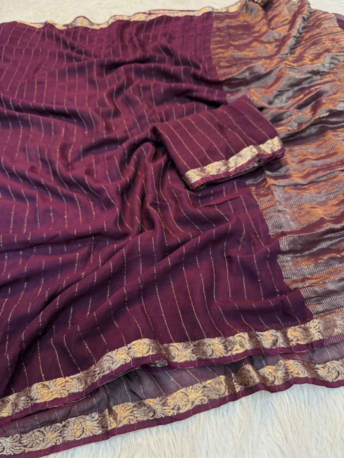 Viscose Georgette chit pallu Saree