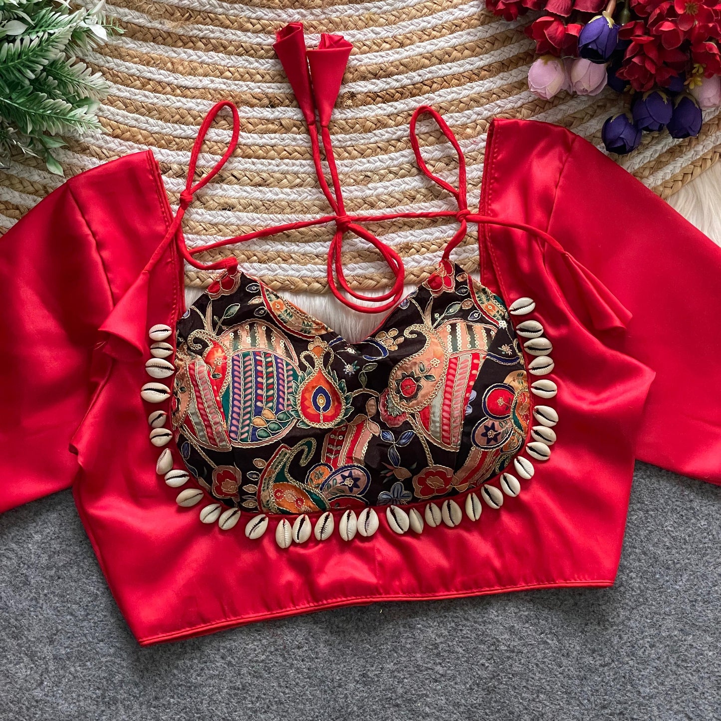 Heavy position print Embroidered work with HandWork of  Real shells  ready made blouses