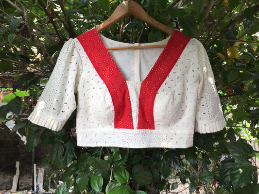 Hakoba patch work with frill sleeve Designer Blouse