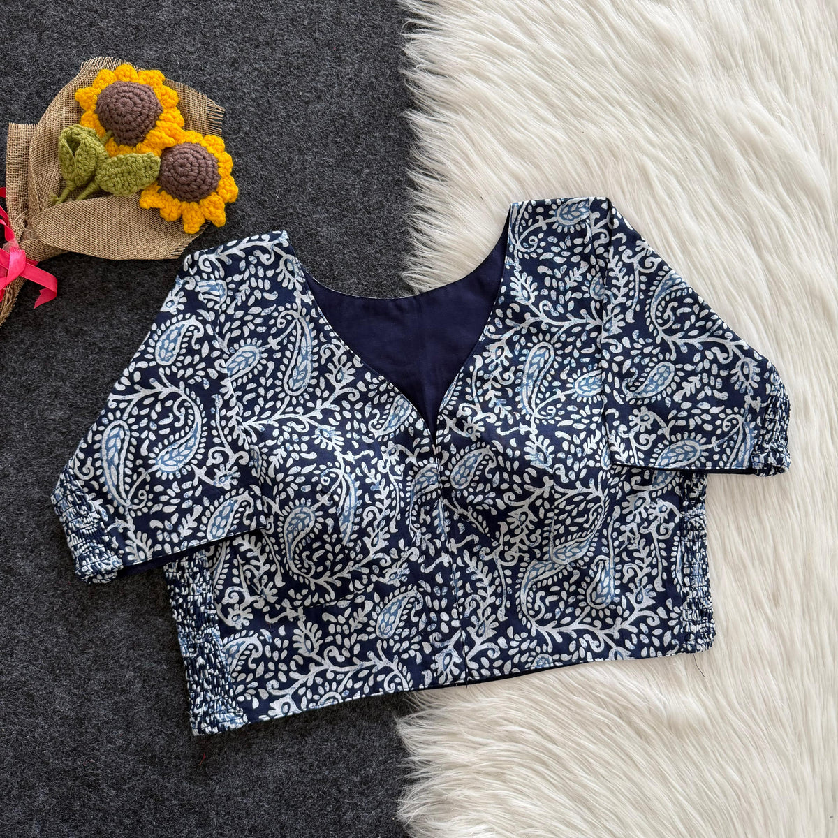 Beautiful hand block print with side elastic ready made blouse