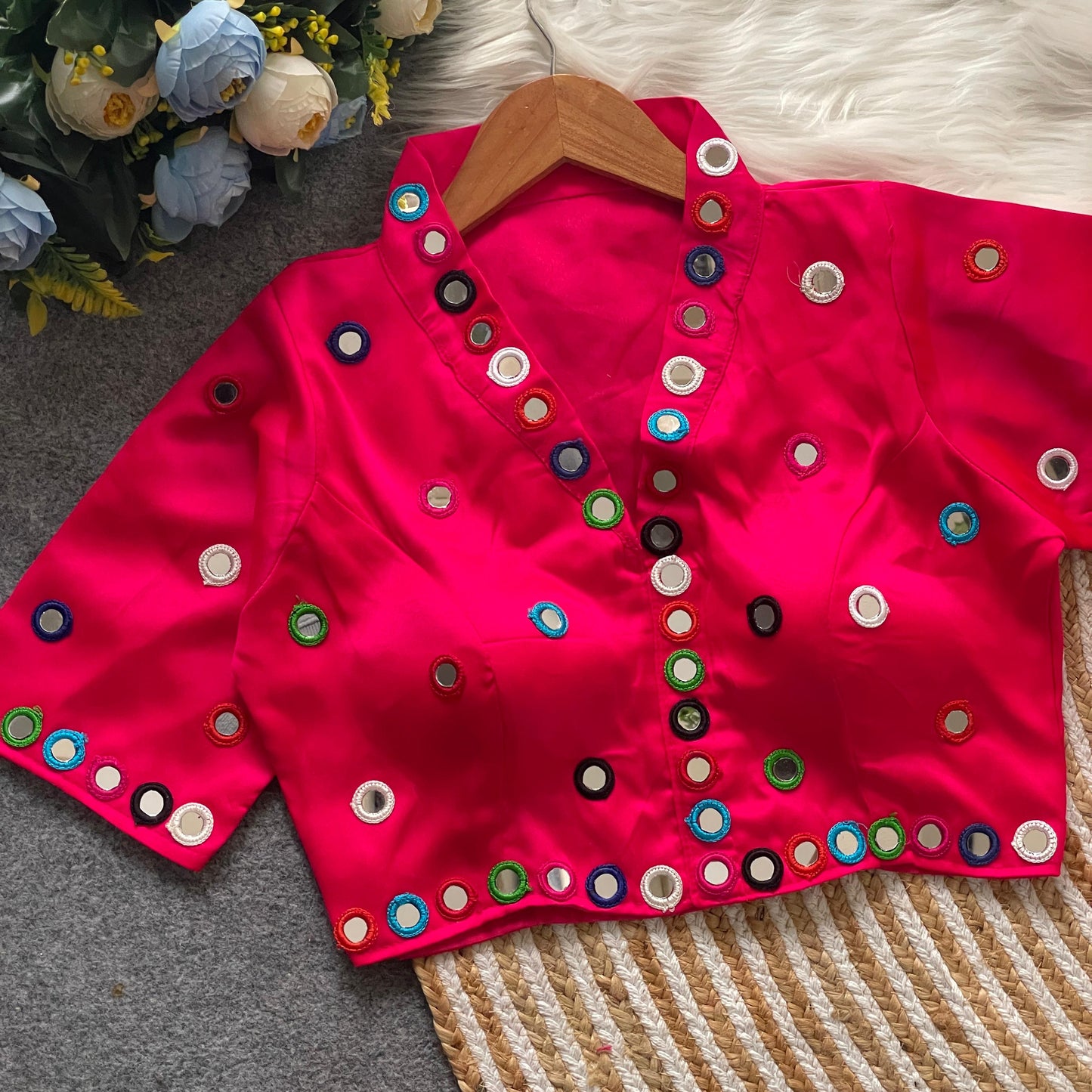 Satin silk mirror work and collar ready made blouses