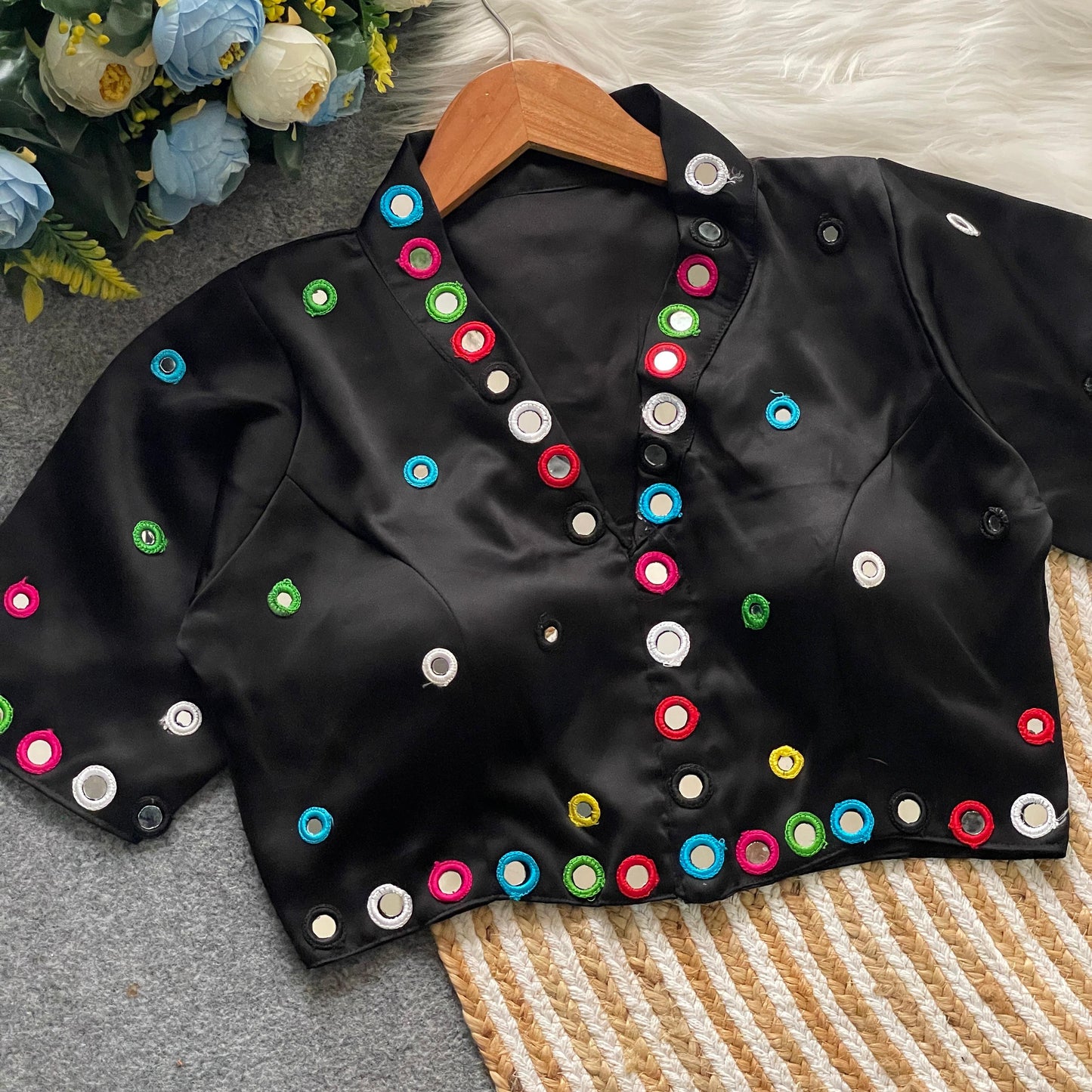 Satin silk mirror work and collar ready made blouses
