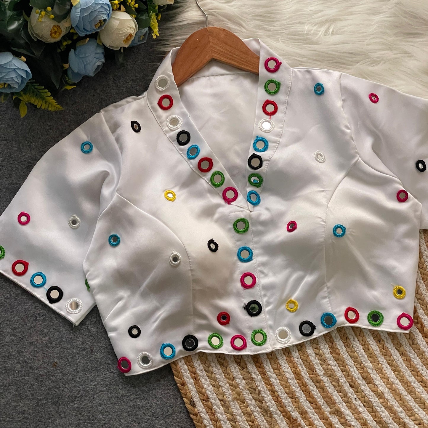 Satin silk mirror work and collar ready made blouses
