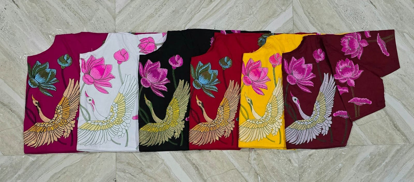 LOTUS BIRD MALAI COTTON EMBROIDERY READY MADE BLOUSE