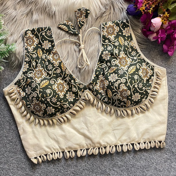 Ajrakh Printed Cotton With Real Shells - Premium Readymade Blouse