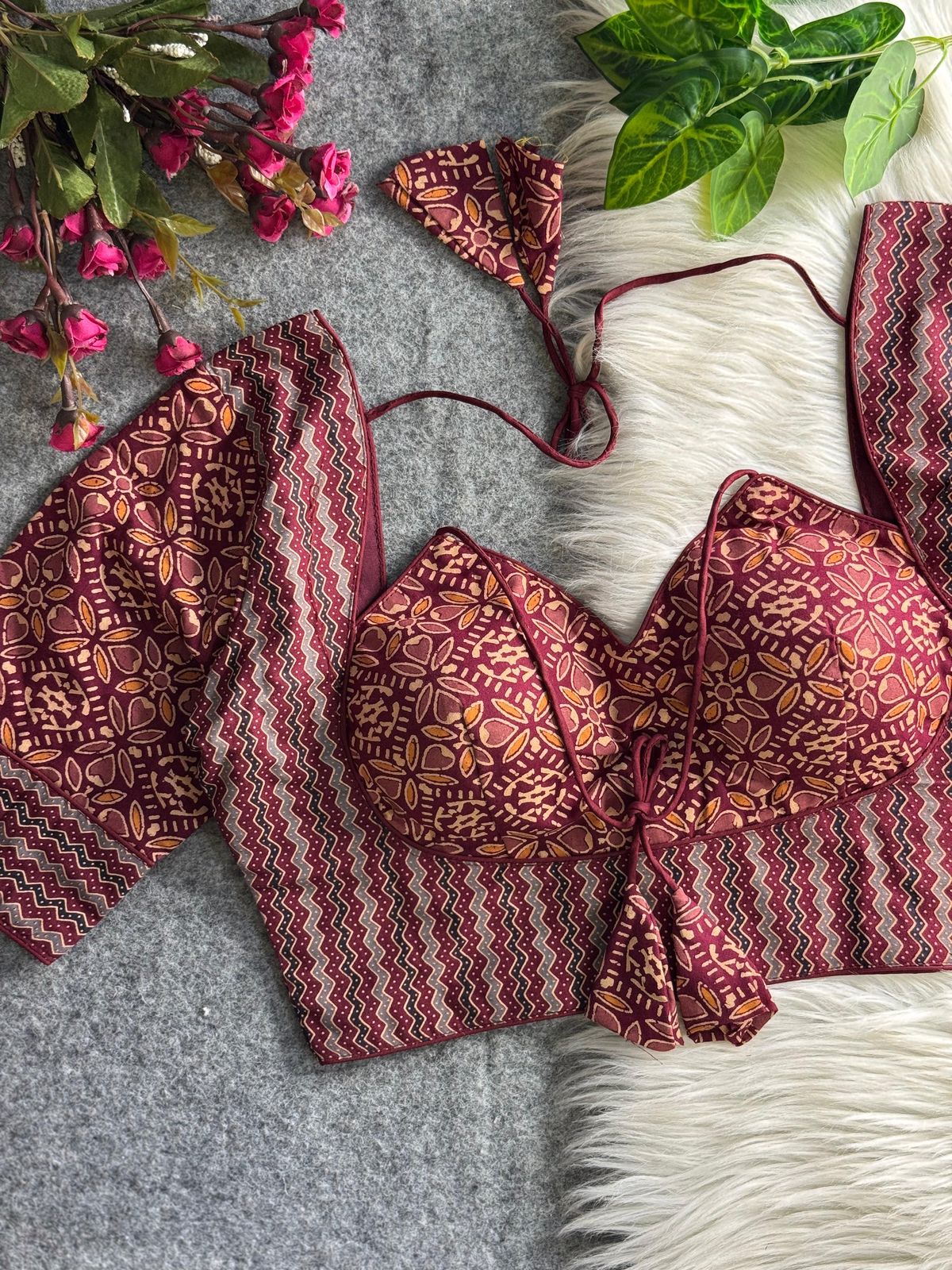 Pure ajrakh print cotton halter neck - premium ready made blouse