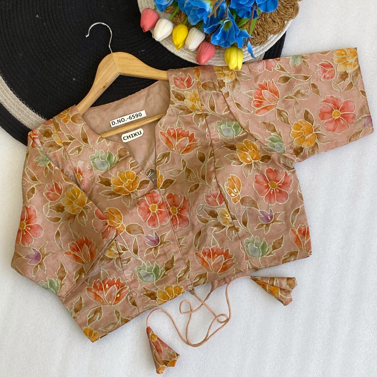 Pojisan print embroidery ready made blouse