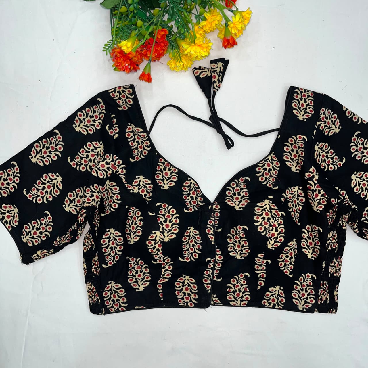 Trending ajarakh print cotton elastic pattern fancy ready made blouse