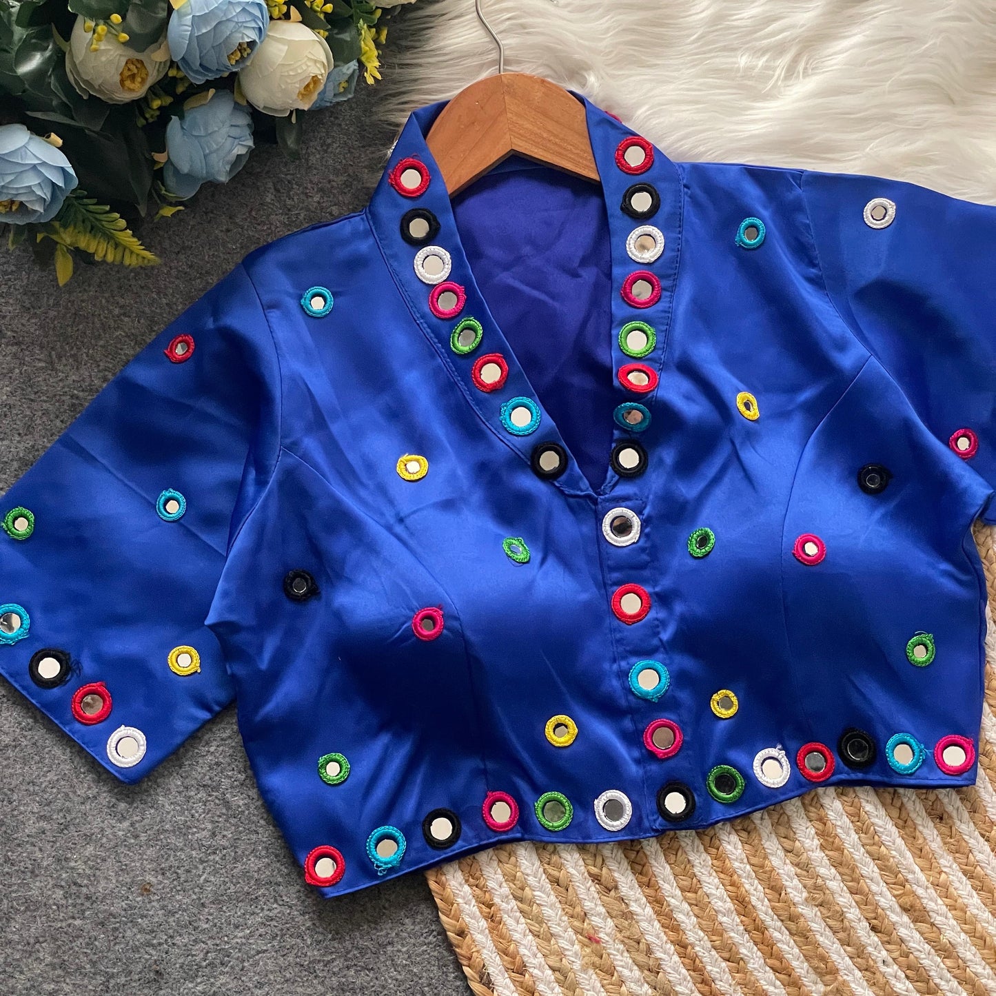 Satin silk mirror work and collar ready made blouses